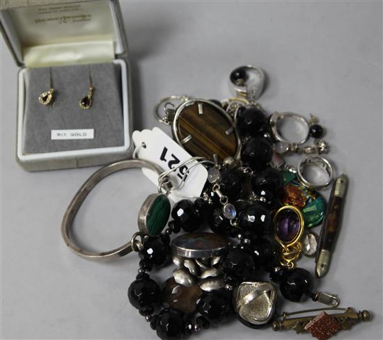 An 18ct gold diamond ring, assorted stones, a pair of gold earrings and silver items etc.